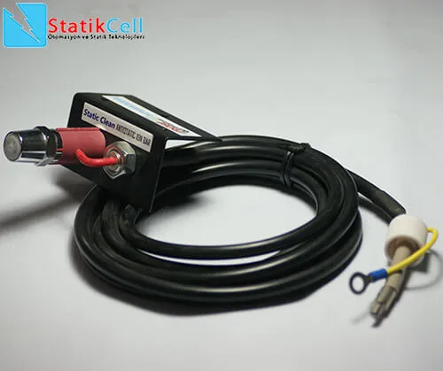 Antistatic nozzle with a black mounting bracket and metal tip, and a high-voltage cable with connector