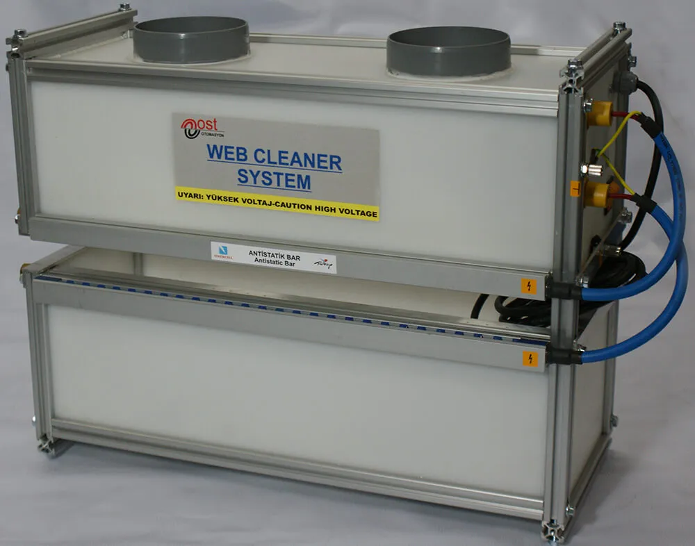 Web cleaner dust removal system with two suction ports and antistatic ionizing bars underneath